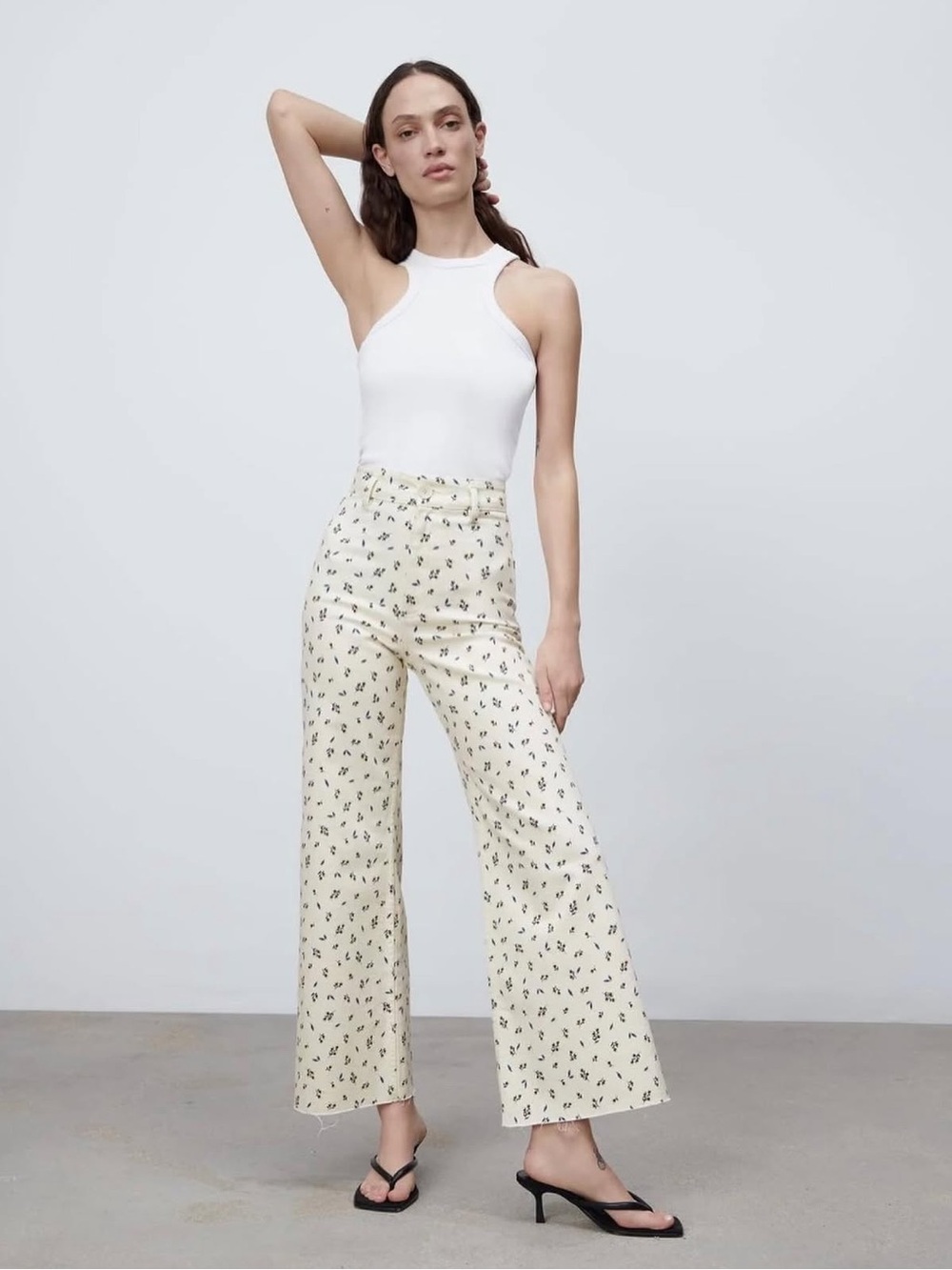 ZARA High-Rise Wide-Leg Floral Print Pants - Cream